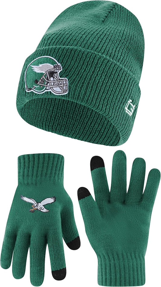 NFL Official Adults Super Soft Heritage Logo Winter Beanie Knit Hat with Extra Warm Touch Screen Gloves|Philadelphia Eagles