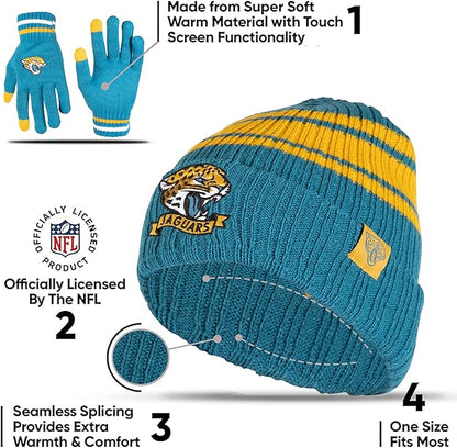 Ultra Game NFL Jacksonville Jaguars Womens Super Soft Team Stripe Winter Beanie Knit Hat with Extra Warm Touch Screen Gloves|Jacksonville Jaguars