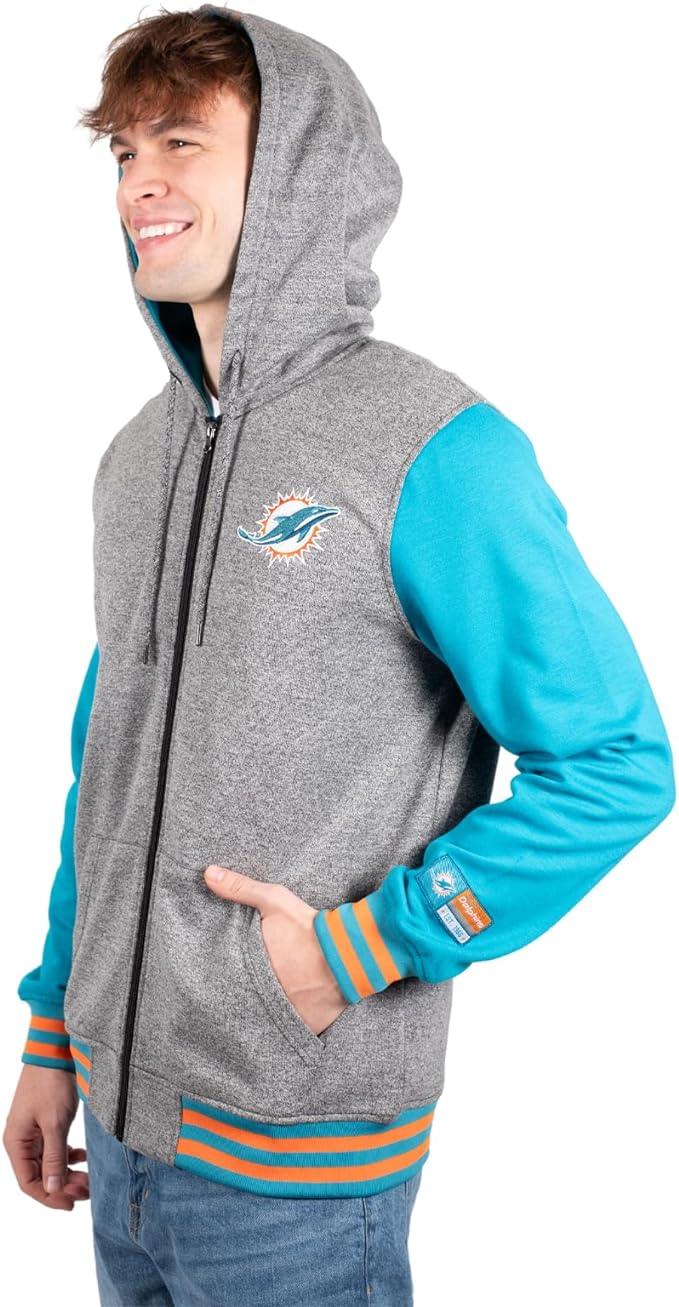 Ultra Game NFL Miami Dolphins Mens Full Zip Soft Fleece Letterman Varsity Jacket Hoodie|Miami Dolphins - UltraGameShop