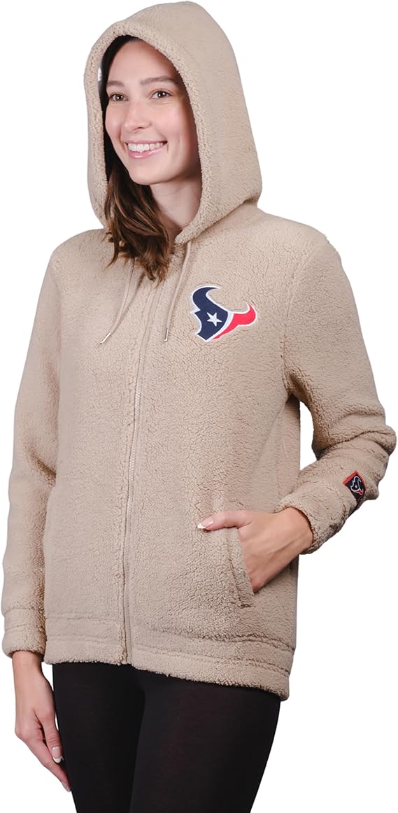 Ultra Game NFL Official Women's Super Soft Sherpa Full Zip Hoodie Sweatshirt Jacket, Houston Texans, Sand|Houston Texans