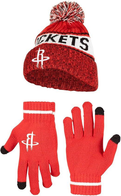 Ultra Game NBA Houston Rockets Adults Super Soft Winter Beanie Knit Hat With Extra Warm Touch Screen Gloves|Houston Rockets - UltraGameShop