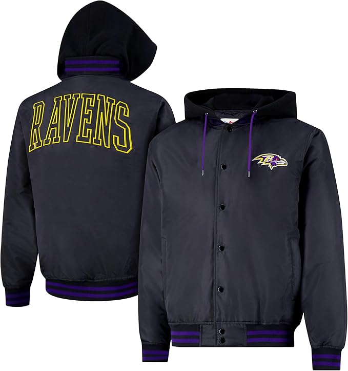 Ultra Game Mens NFL Official Bomber Satin Jacket Hoodie|Baltimore Ravens