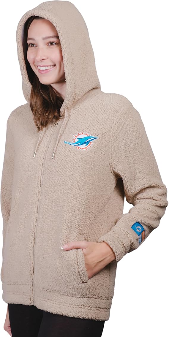 Ultra Game NFL Official Women's Super Soft Sherpa Full Zip Hoodie Sweatshirt Jacket, Miami Dolphins, Sand|Miami Dolphins