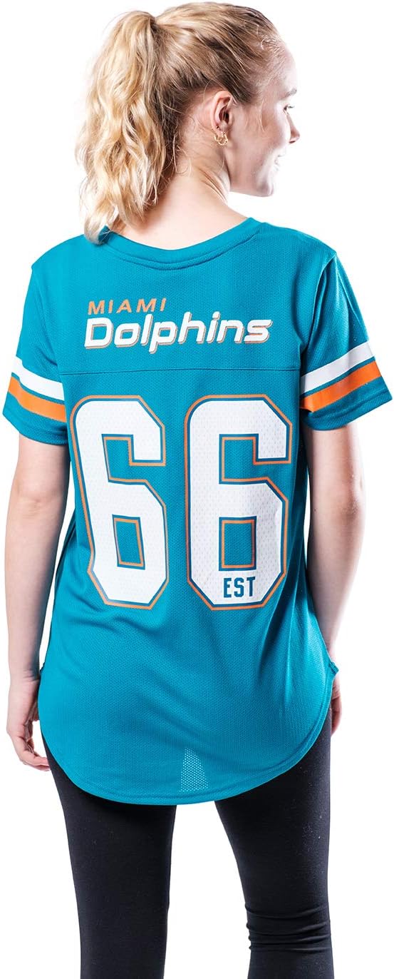 Ultra Game NFL Miami Dolphins Womens Soft Mesh Varsity Stripe T-Shirt|Miami Dolphins