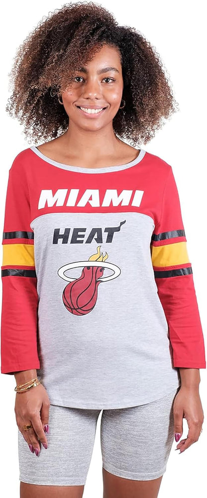Ultra Game NBA Official Women's Raglan Baseball 3/4 Long Sleeve Shirt, Miami Heat, Team Color|Miami Heat