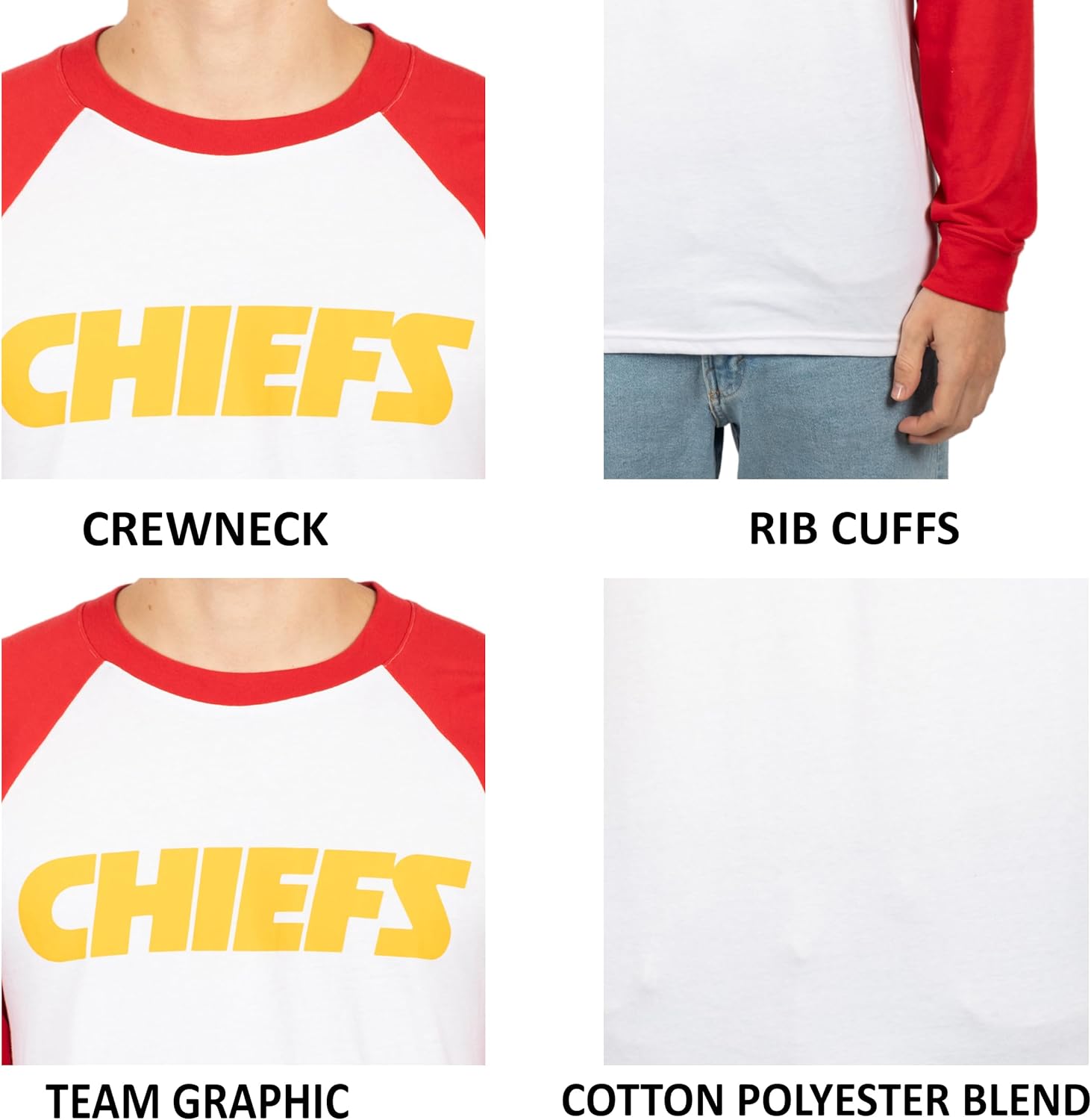Ultra Game NFL Mens Super Soft Raglan Baseball Long Sleeve T-Shirt| Kansas City Chiefs