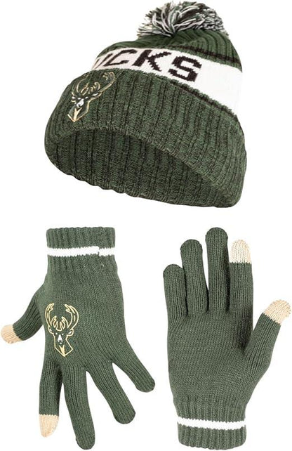 Ultra Game NBA Milwaukee Bucks Adults Super Soft Winter Beanie Knit Hat With Extra Warm Touch Screen Gloves|Milwaukee Bucks - UltraGameShop