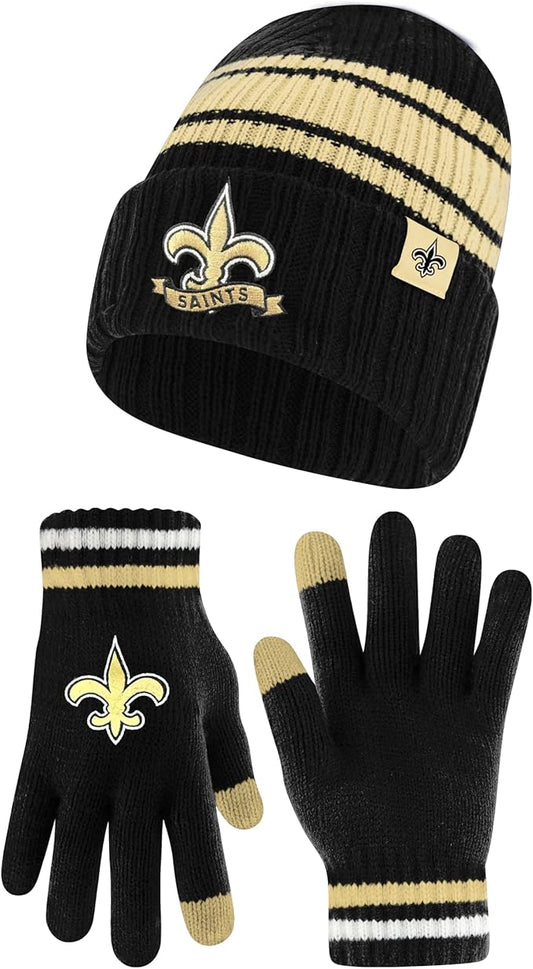 Ultra Game NFL Super Soft Team Stripe Winter Beanie Knit Hat with Extra Warm Touch Screen Gloves|New Orleans Saints
