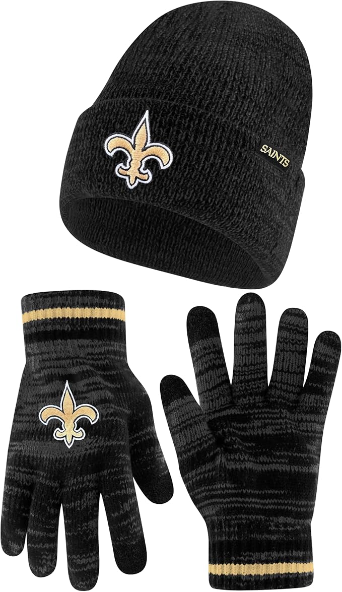Ultra Game Adults Unisex NFL Official Super Soft Marl Knit Winter Beanie Knit Hat with Extra Warm Touch Screen Gloves|New Orleans Saints