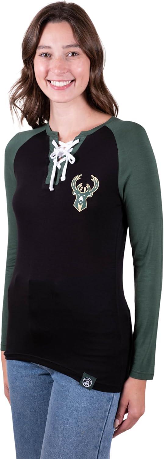 Ultra Game NBA Milwaukee Bucks Women's Super Soft Long Sleeve Lace-up Shirt|Milwaukee Bucks - UltraGameShop