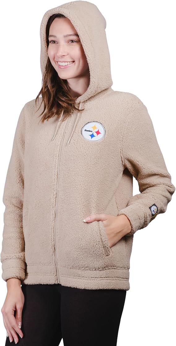 Ultra Game NFL Official Women's Super Soft Sherpa Full Zip Hoodie Sweatshirt Jacket, Pittsburgh Steelers, Sand|Pittsburgh Steelers