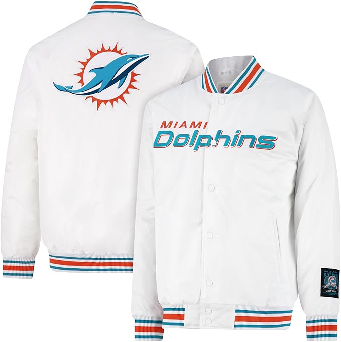 Ultra Game Adults NFL Official Smashing Records Satin Jacket|Miami Dolphins