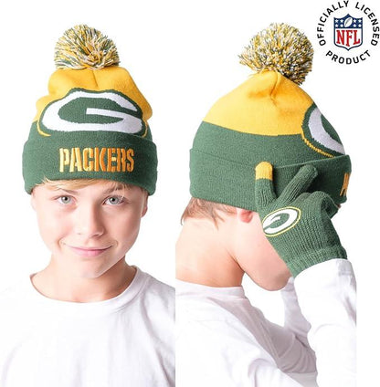 NFL Official Youth Super Soft Winter Beanie Knit Hat With Extra Warm Touch Screen Gloves|Green Bay Packers