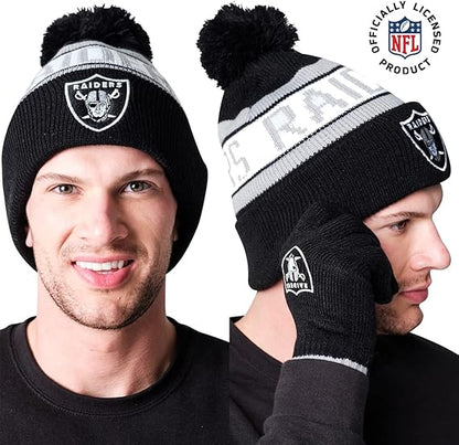 NFL Official Adults Unisex Super Soft Winter Beanie Knit Hat With Extra Warm Touch Screen Gloves|Las Vegas Raiders