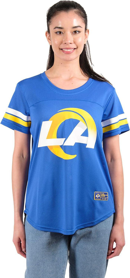 Ultra Game NFL Los Angeles Rams Womens Soft Mesh Varsity Stripe T-Shirt|Los Angeles Rams - UltraGameShop