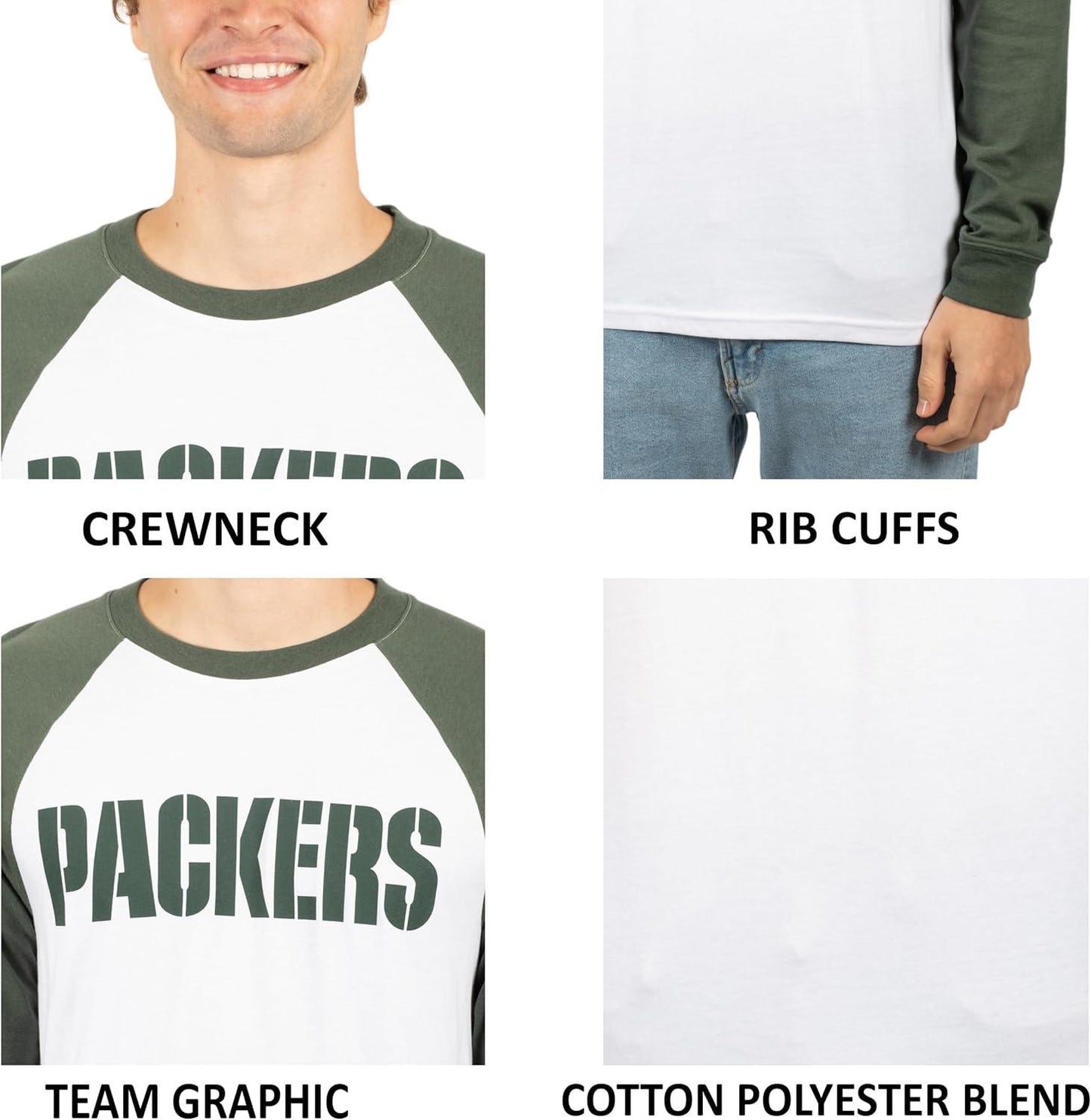 Ultra Game NFL Mens Super Soft Raglan Baseball Long Sleeve T-Shirt| Green Bay Packers - UltraGameShop