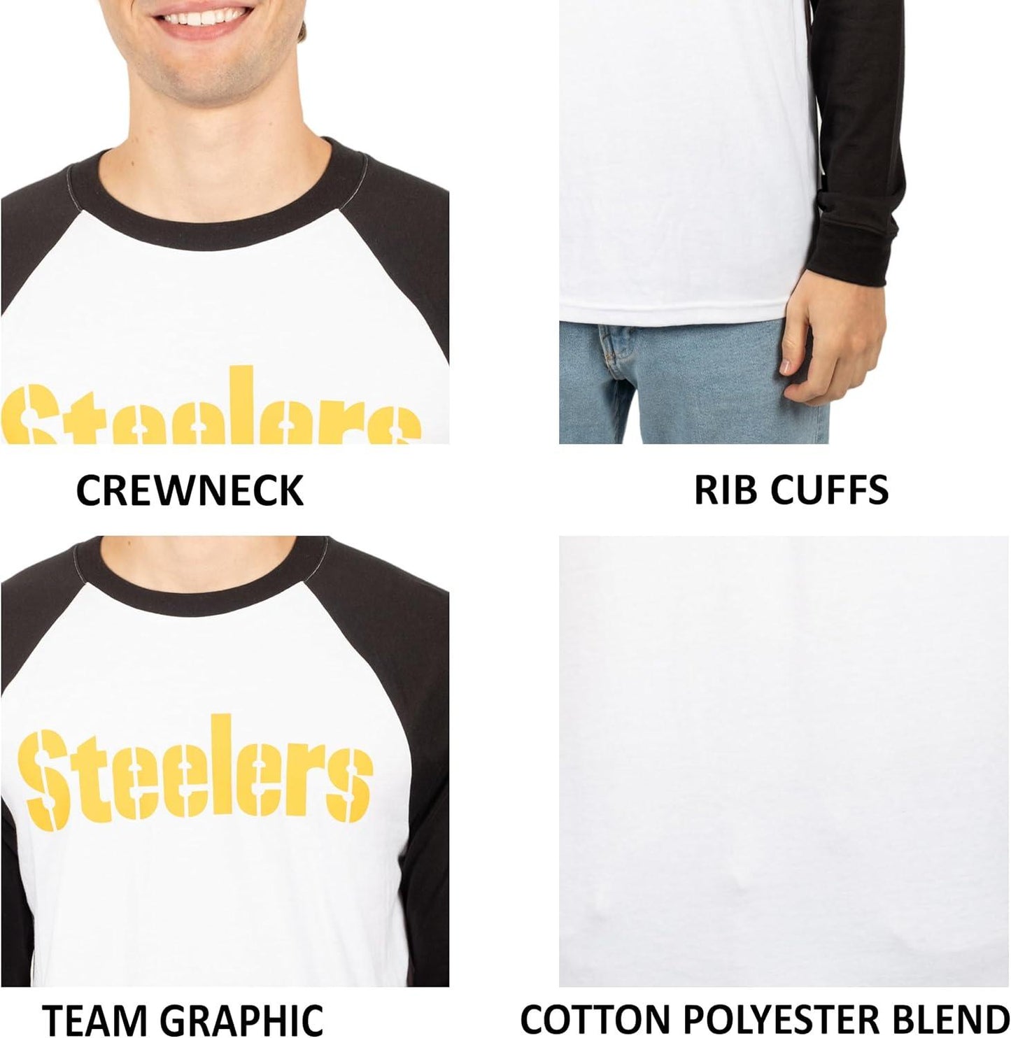 Ultra Game NFL Mens Super Soft Raglan Baseball Long Sleeve T-Shirt| Pittsburgh Steelers - UltraGameShop