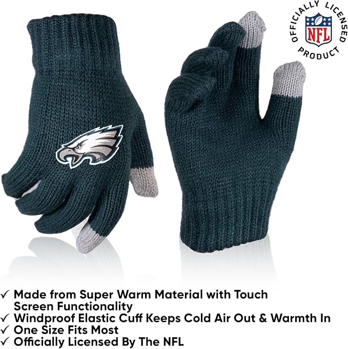 NFL Official Youth Super Soft Winter Beanie Knit Hat With Extra Warm Touch Screen Gloves|Philadelphia Eagles