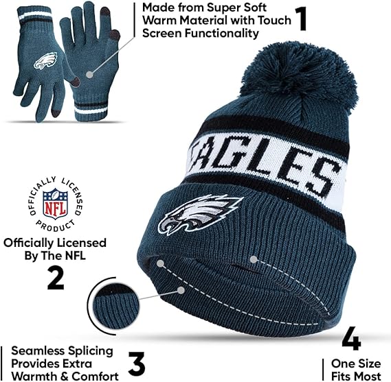 Ultra Game Adults Unisex NFL Official Super Soft Winter Beanie Knit Hat with Extra Warm Touch Screen Gloves