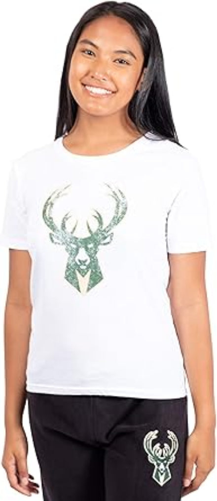 Ultra Game NBA Official Women's Soft Vintage Distressed Graphics T-Shirt, Milwaukee Bucks, White|Milwaukee Bucks