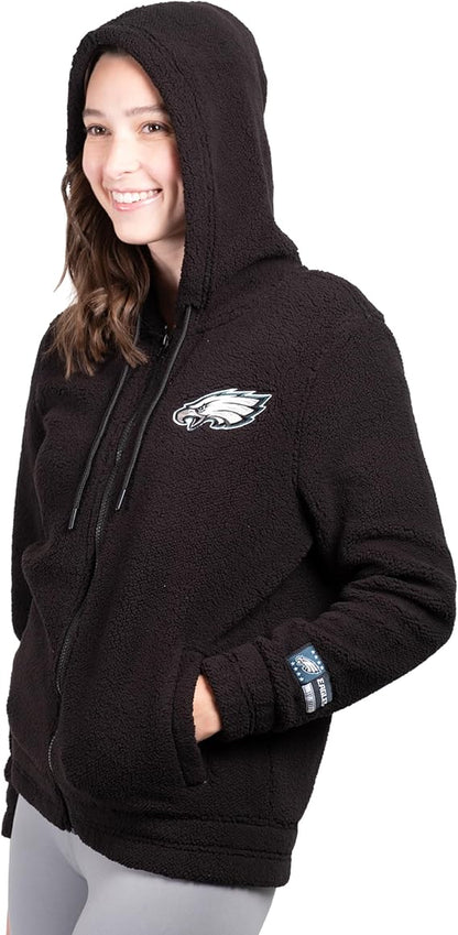 NFL Official Women's Full Zip Super Soft Sherpa Hoodie Sweatshirt Jacket - Warm Fleece Blend|Philadelphia Eagles