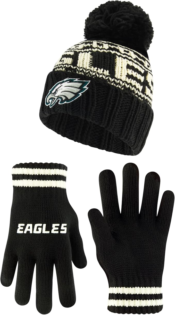 NFL Official Youth Super Soft Cable Knit Winter Beanie Knit Hat with Extra Warm Touch Screen Gloves|Philadelphia Eagles