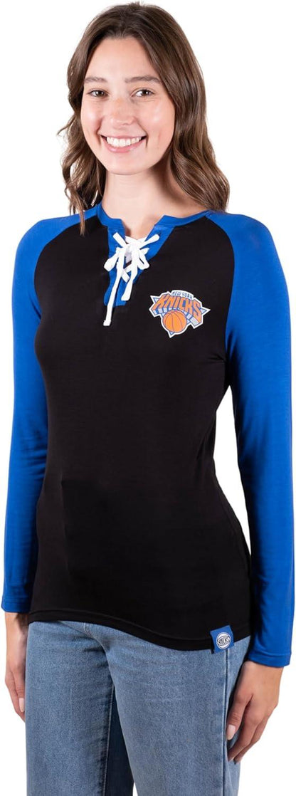 Ultra Game NBA New York Knicks Women's Super Soft Long Sleeve Lace-up Shirt|New York Knicks - UltraGameShop