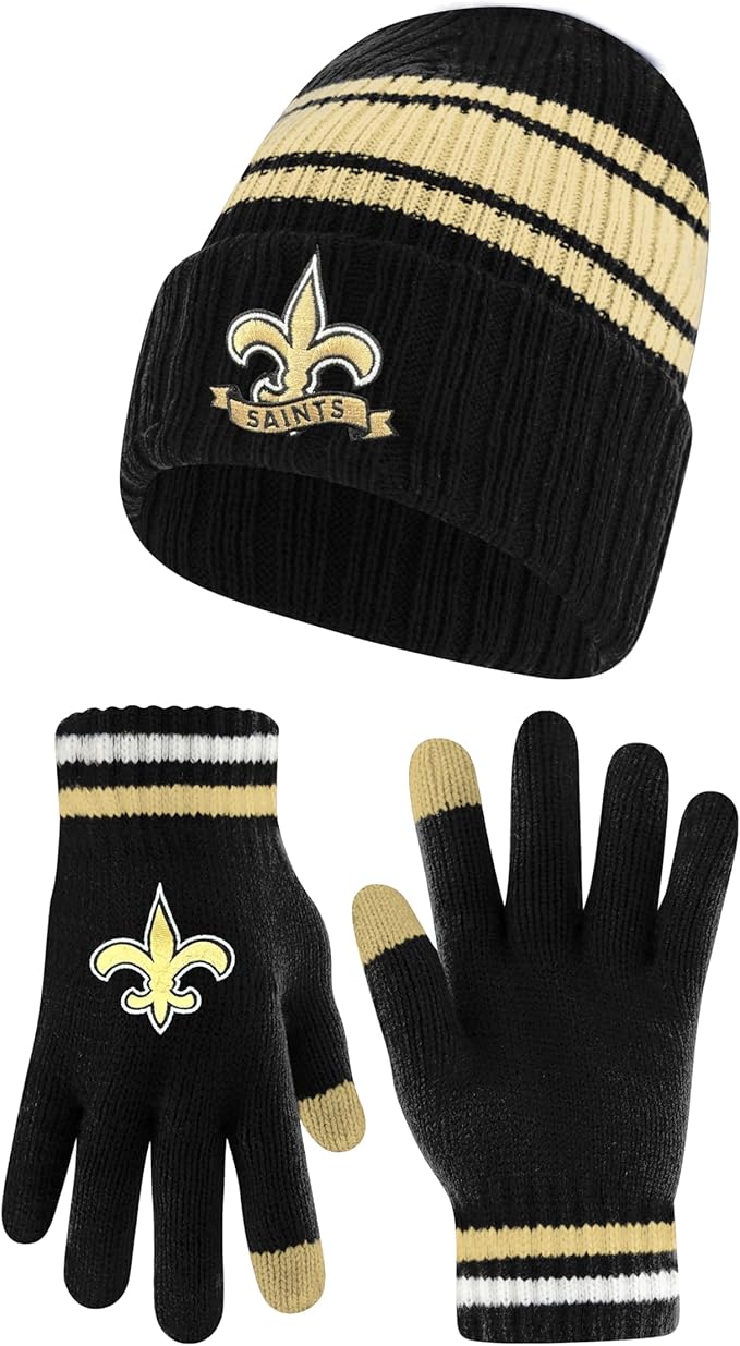 Ultra Game Youth NFL Official Super Soft Team Stripe Winter Beanie Knit Hat with Extra Warm Touch Screen Gloves|New Orleans Saints