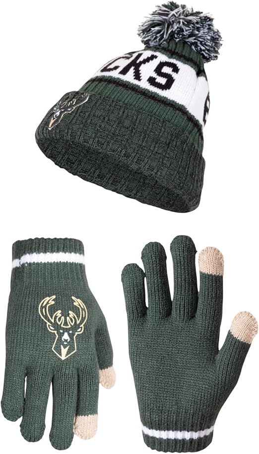 Ultra Game NBA Milwaukee Bucks Boys Girls Super Soft Winter Beanie Knit Hat With Extra Warm Touch Screen Gloves|Milwaukee Bucks - UltraGameShop