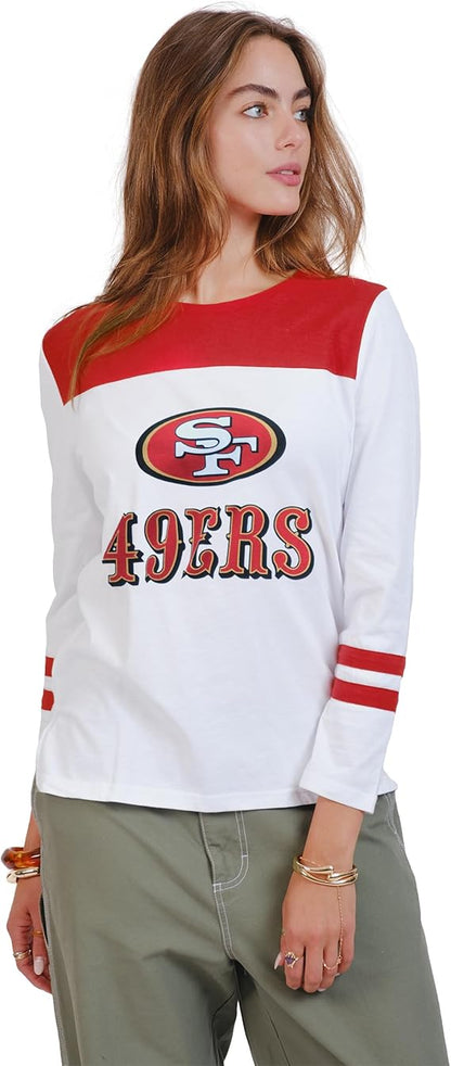 Ultra Game NFL Official Women's Super Soft Raglan Vintage Baseball T-Shirt, San Francisco 49ers, White|San Francisco 49ers