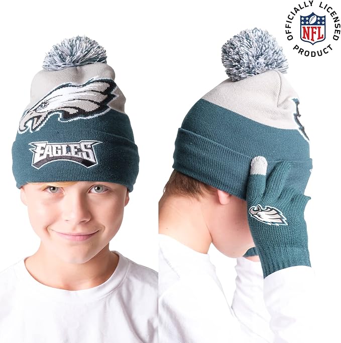 NFL Official Youth Super Soft Winter Beanie Knit Hat With Extra Warm Touch Screen Gloves|Philadelphia Eagles