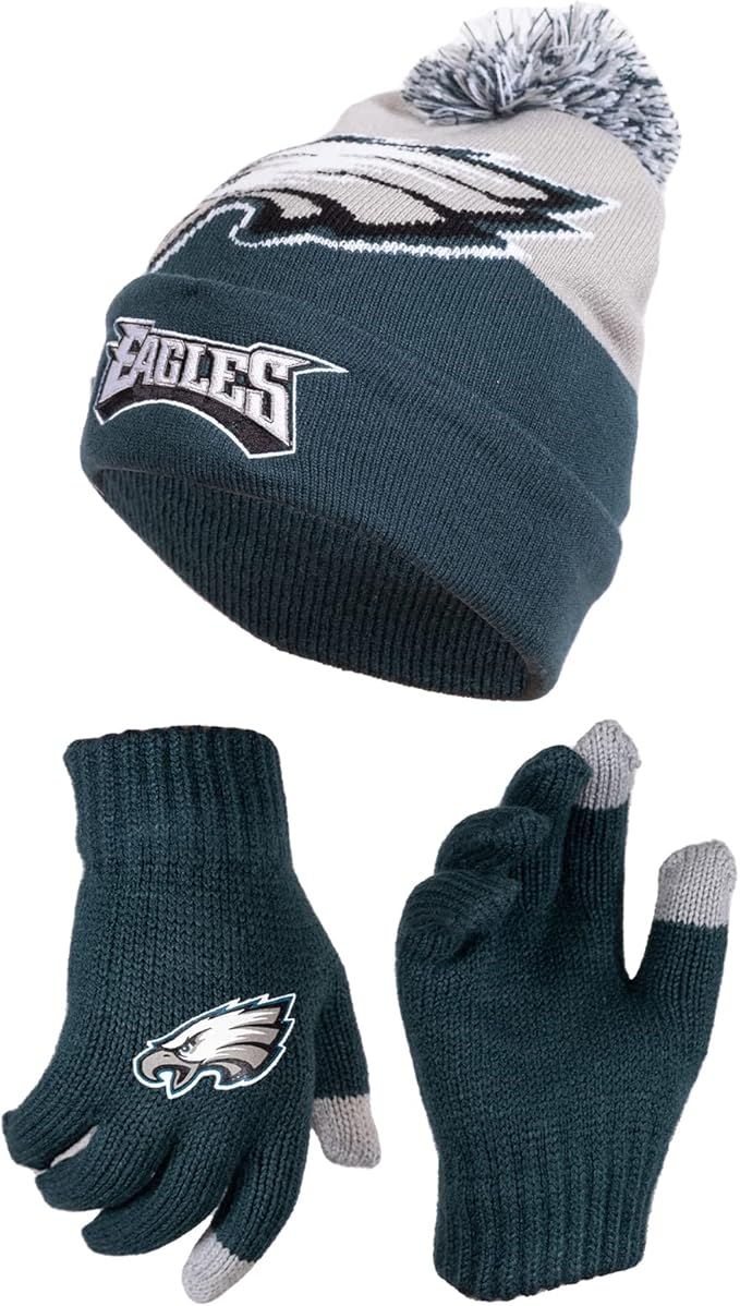 NFL Official Youth Super Soft Winter Beanie Knit Hat With Extra Warm Touch Screen Gloves|Philadelphia Eagles