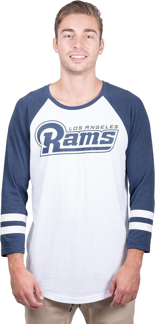 Ultra Game NFL Mens Super Soft Raglan Baseball Long Sleeve T-Shirt| Los Angeles Rams - UltraGameShop