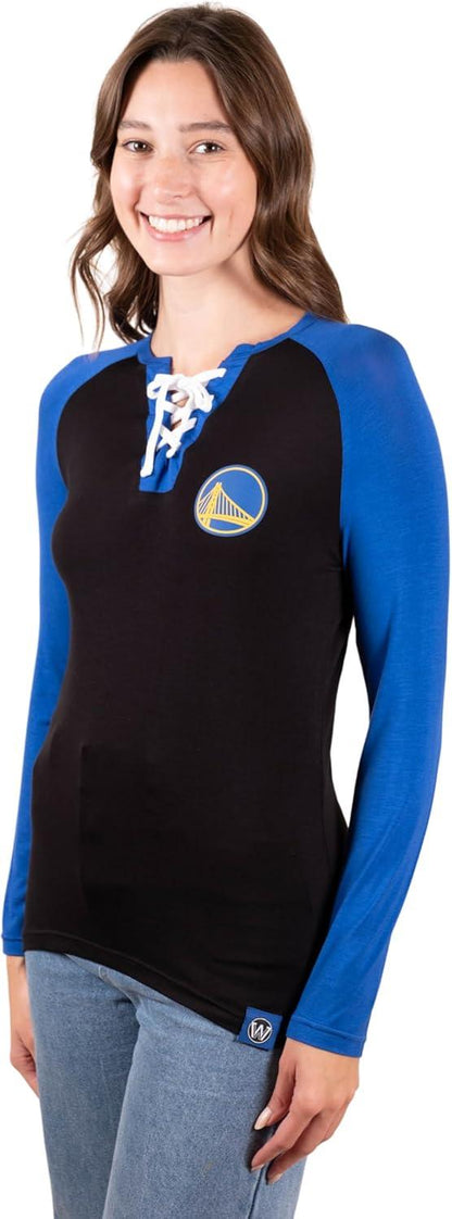 Ultra Game NBA Golden State Warriors Women's Super Soft Long Sleeve Lace-up Shirt|Golden State Warriors - UltraGameShop