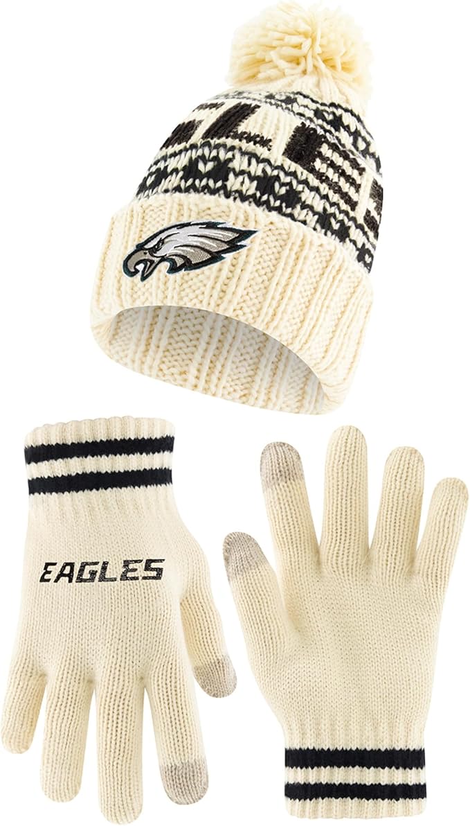 NFL Official Super Soft Cable Knit Winter Beanie Knit Hat with Extra Warm Touch Screen Gloves|Philadelphia Eagles