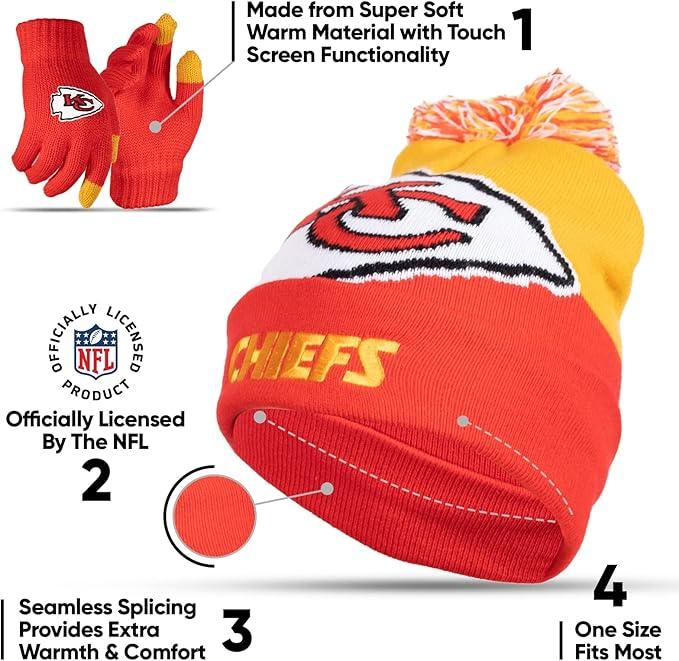 NFL Official Youth Super Soft Winter Beanie Knit Hat With Extra Warm Touch Screen Gloves|Kansas City Chiefs