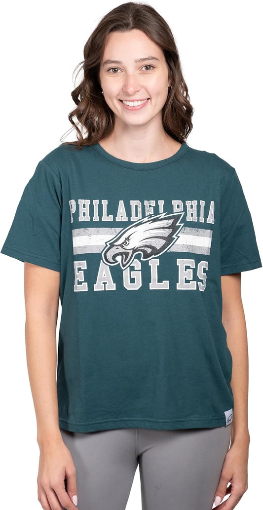 NFL Official Women's Distressed Graphics Super Soft Crew Neck T-Shirt|Philadelphia Eagles