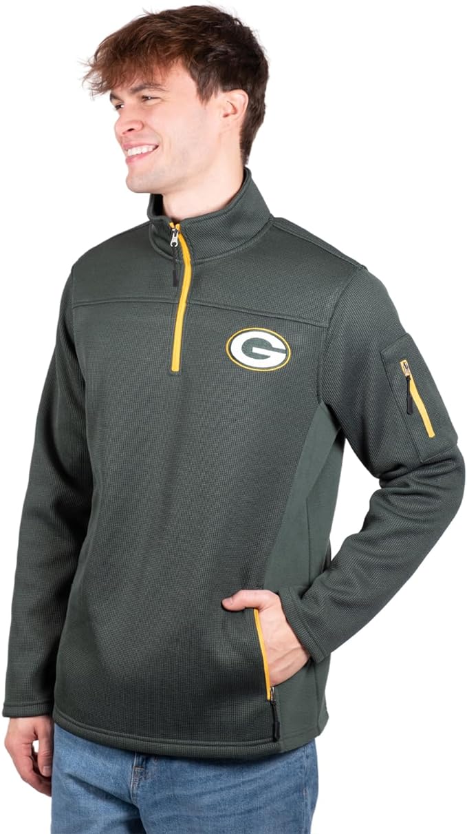 Ultra Game Men's Quarter-Zip Fleece Pullover Sweatshirt with Zipper Pockets Green Bay Packers