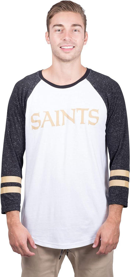 Ultra Game NFL Mens Super Soft Raglan Baseball Long Sleeve T-Shirt| New Orleans Saints - UltraGameShop