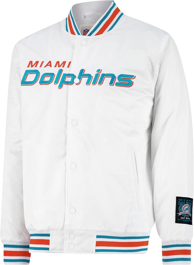 Ultra Game Adults NFL Official Smashing Records Satin Jacket|Miami Dolphins