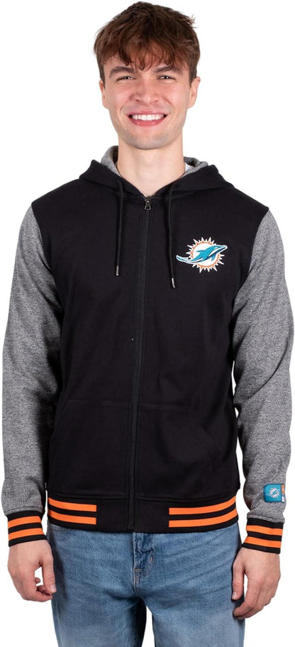 Ultra Game NFL Miami Dolphins Mens Full Zip Soft Fleece Letterman Varsity Jacket Hoodie|Miami Dolphins - UltraGameShop