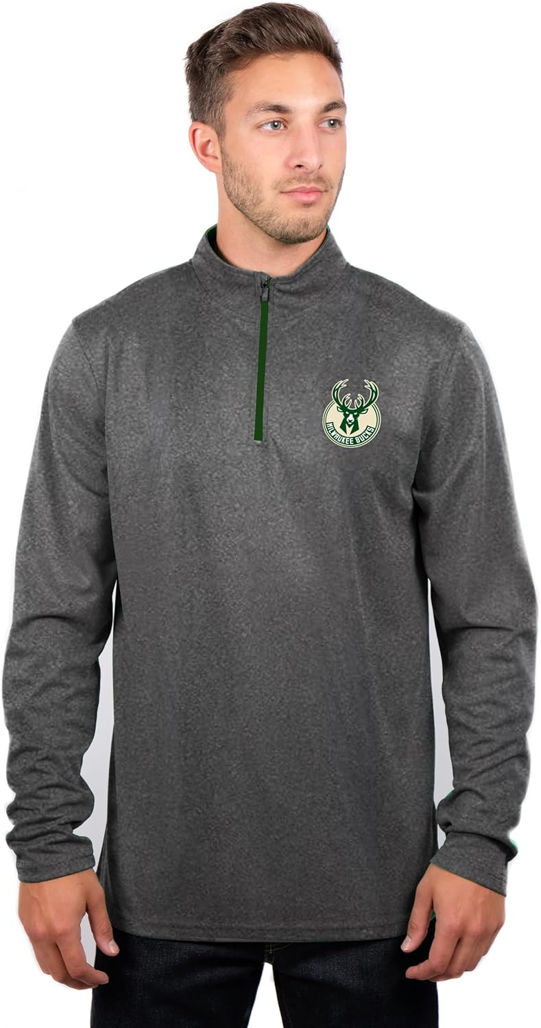 Ultra Game NBA Official Men‚Äôs Quarter Zip Long Sleeve Pullover T-Shirt - Unisex Milwaukee Bucks|Milwaukee Bucks
