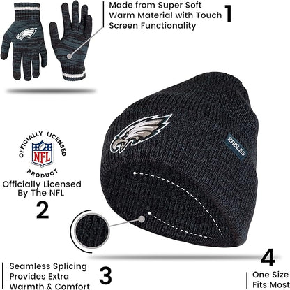 NFL Official Super Soft Marl Knit Winter Beanie Knit Hat with Extra Warm Touch Screen Gloves|Philadelphia Eagles