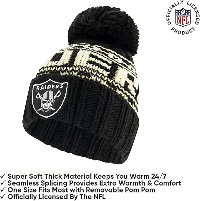 NFL Official Youth Super Soft Cable Knit Winter Beanie Knit Hat with Extra Warm Touch Screen Gloves|Las Vegas Raiders