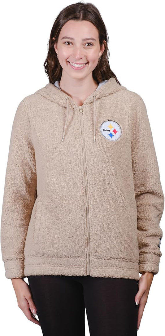 Ultra Game NFL Official Women's Super Soft Sherpa Full Zip Hoodie Sweatshirt Jacket, Pittsburgh Steelers, Sand|Pittsburgh Steelers