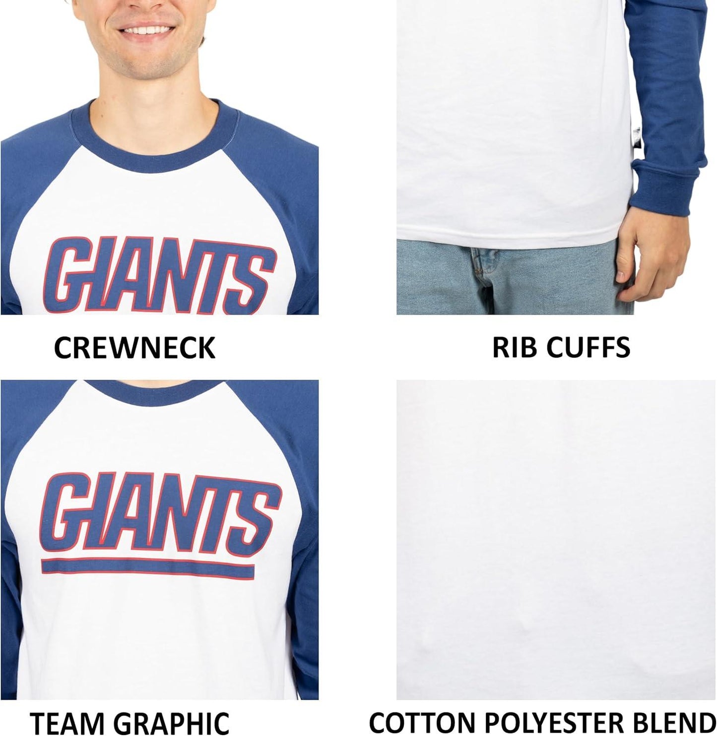 Ultra Game NFL Mens Super Soft Raglan Baseball Long Sleeve T-Shirt| New York Giants - UltraGameShop