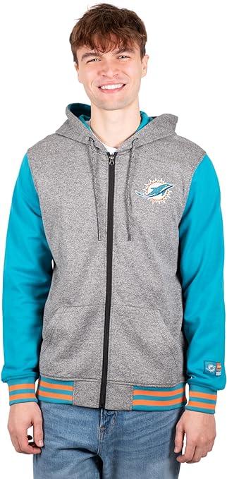 Ultra Game NFL Miami Dolphins Mens Full Zip Soft Fleece Letterman Varsity Jacket Hoodie|Miami Dolphins - UltraGameShop