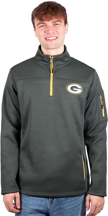 Ultra Game Men's Quarter-Zip Fleece Pullover Sweatshirt with Zipper Pockets Green Bay Packers