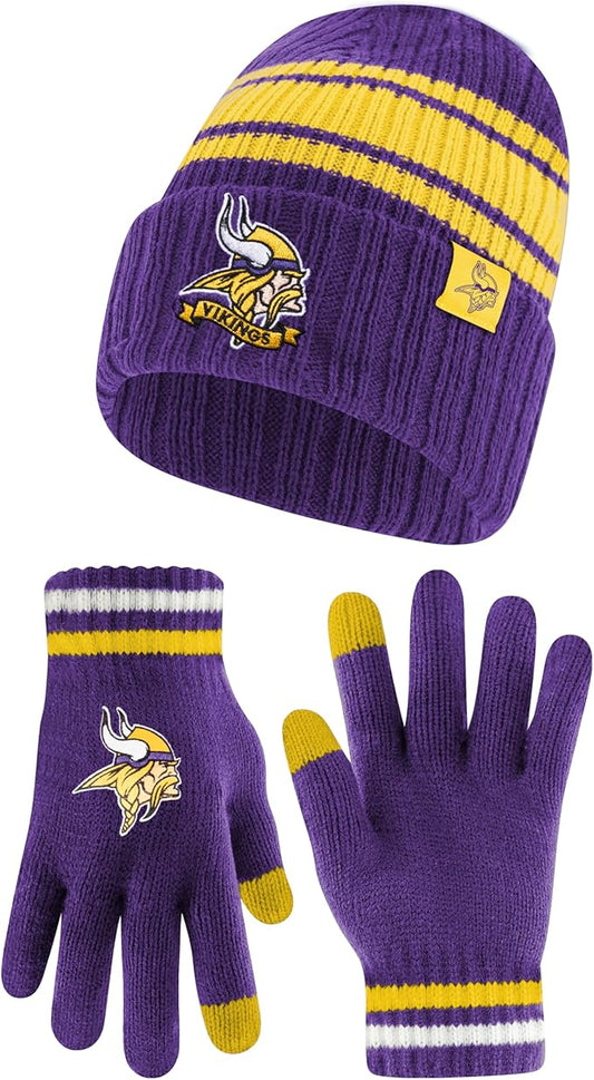 Ultra Game NFL Super Soft Team Stripe Winter Beanie Knit Hat with Extra Warm Touch Screen Gloves|Minnesota Vikings