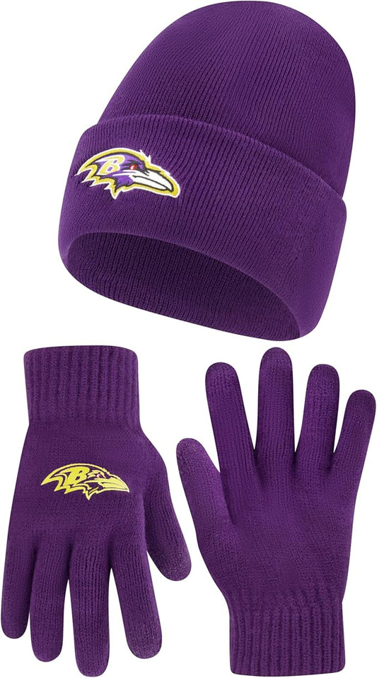 Ultra Game Youth NFL Official Super Soft Winter Beanie Knit Hat with Extra Warm Touch Screen Gloves - Boys & Girls|Baltimore Ravens